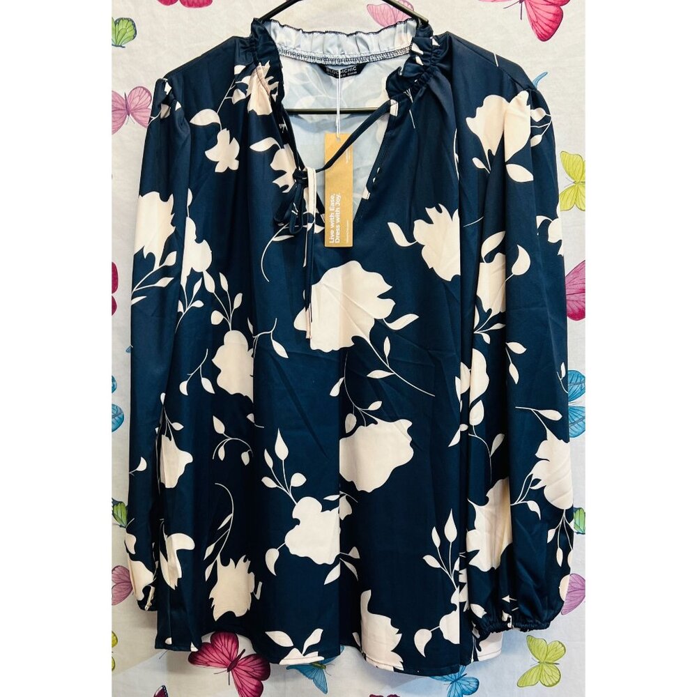 New Bloomchic Ditsy Floral Elastic Sleeve Tie Neck Blouse Navy Blue 14-16 NWT